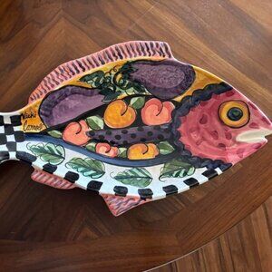 Vicki Carroll Fish Platter 21” Majolica Hand Painted Checker Fruit Signed Art